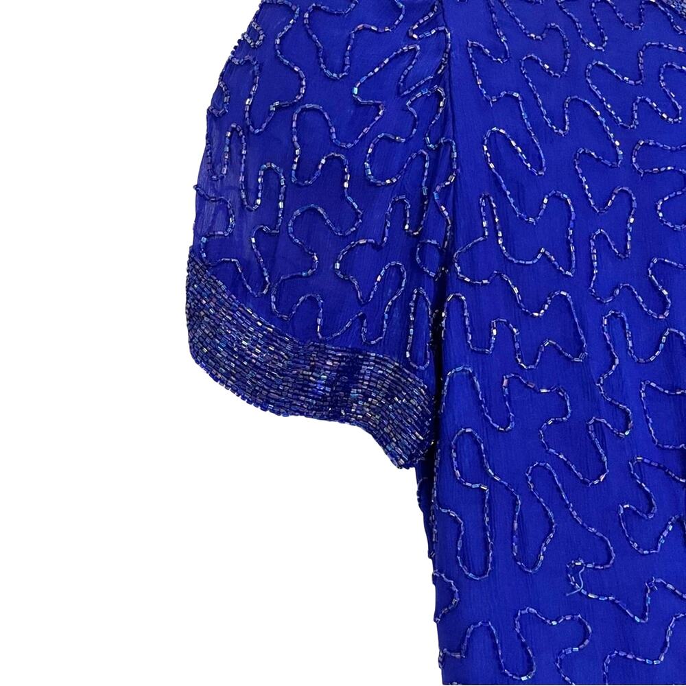 Allure Vintage Silk Beaded Royal Blue Textured Mini Dress 80s 90s - Picture 5 of 6